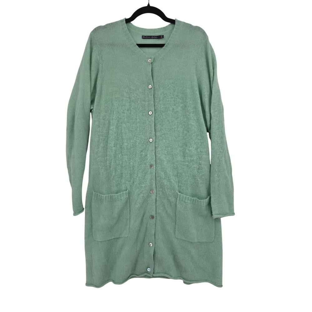 Gudrun Sjoden Seafoam Green Longline Knit Cardigan Sweater Pockets Large Minimal